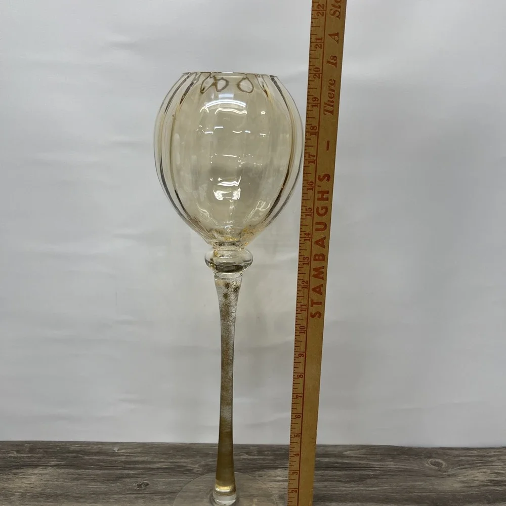 Hand Blown Glass Tall Pedestal Globe Vase‎ Gold Fleck Stem Amber 19 inch Decor